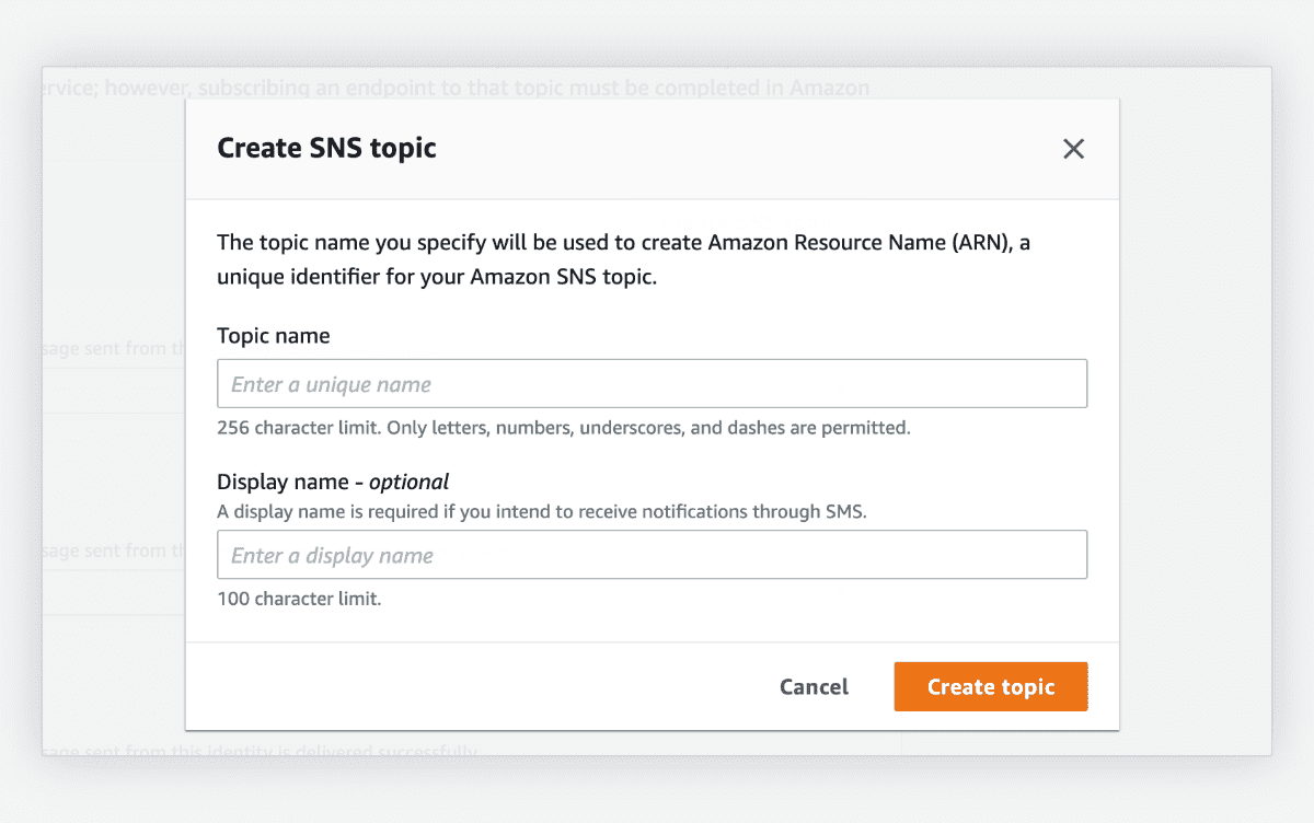 صورة Create SNS topic من خدمة AWS SES